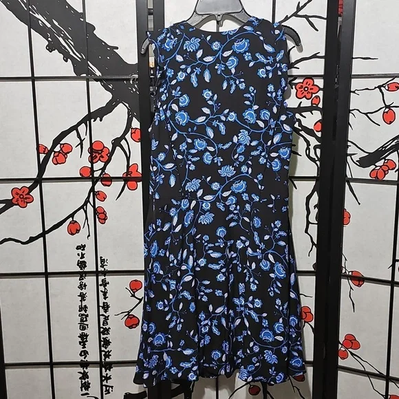 Rebecca Taylor Sleeveless Silk Black and Blue Floral Midi Dress Size 4 - Picture 8 of 8